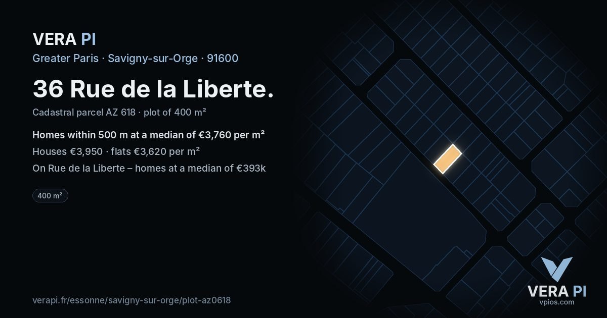 36 Rue de la Liberte, Savigny-sur-Orge at night – the plot lit, the parcels around coloured by the prices near them