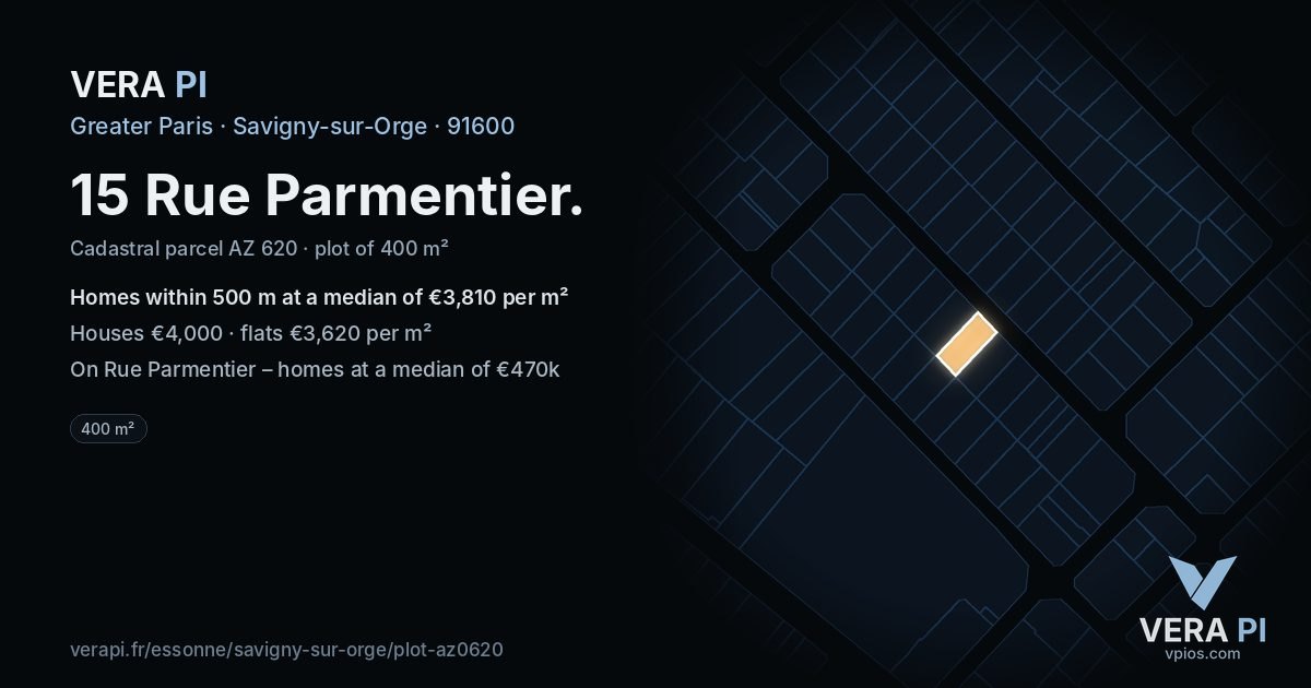 15 Rue Parmentier, Savigny-sur-Orge at night – the plot lit, the parcels around coloured by the prices near them