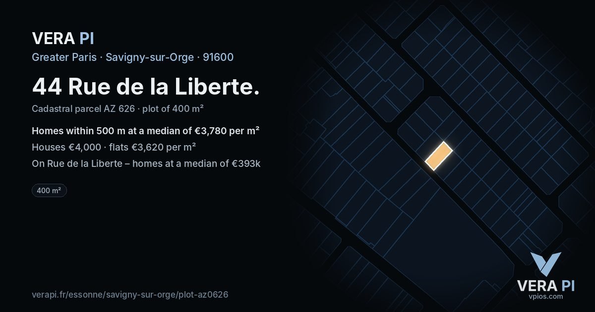 44 Rue de la Liberte, Savigny-sur-Orge at night – the plot lit, the parcels around coloured by the prices near them