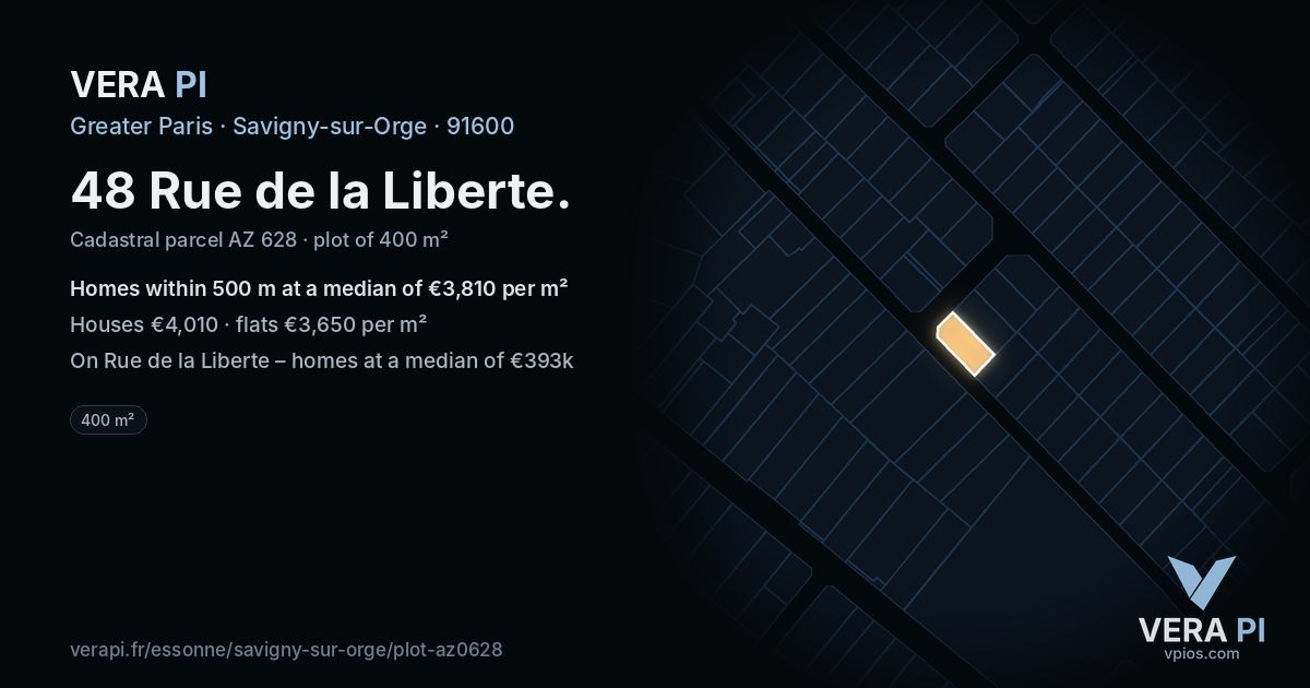 48 Rue de la Liberte, Savigny-sur-Orge at night – the plot lit, the parcels around coloured by the prices near them