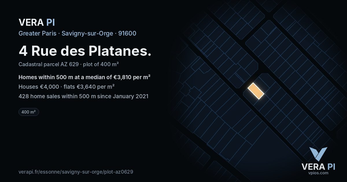 4 Rue des Platanes, Savigny-sur-Orge at night – the plot lit, the parcels around coloured by the prices near them