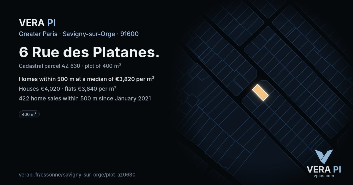 6 Rue des Platanes, Savigny-sur-Orge at night – the plot lit, the parcels around coloured by the prices near them
