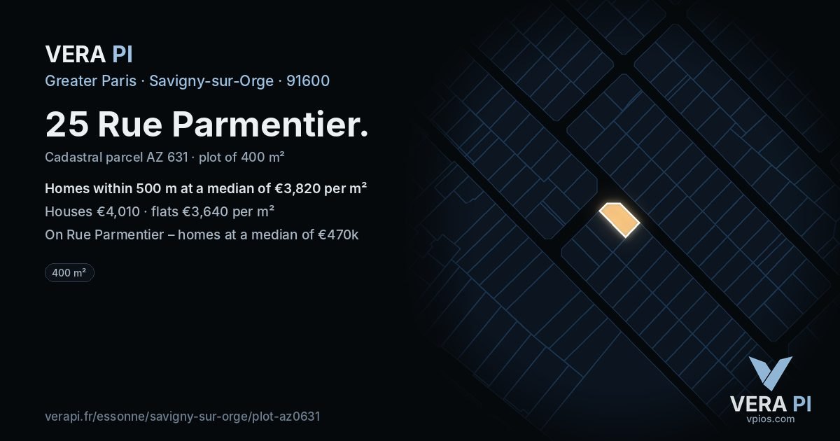 25 Rue Parmentier, Savigny-sur-Orge at night – the plot lit, the parcels around coloured by the prices near them