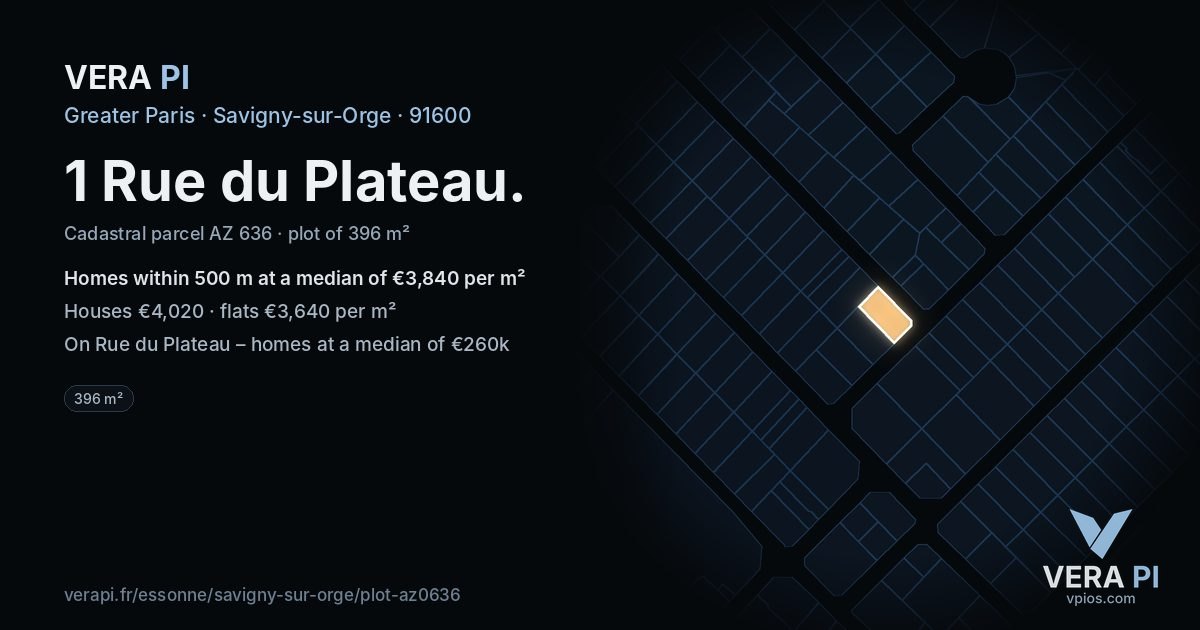 1 Rue du Plateau, Savigny-sur-Orge at night – the plot lit, the parcels around coloured by the prices near them