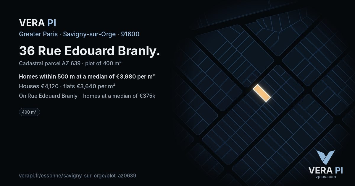 36 Rue Edouard Branly, Savigny-sur-Orge at night – the plot lit, the parcels around coloured by the prices near them