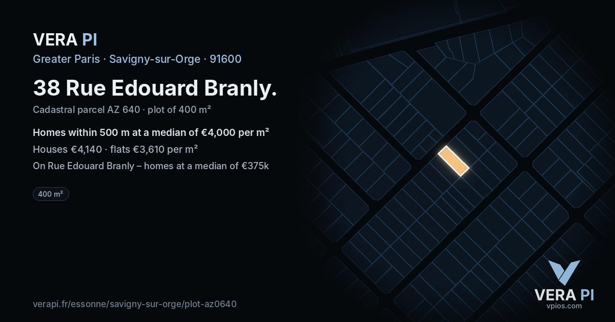 38 Rue Edouard Branly, Savigny-sur-Orge at night – the plot lit, the parcels around coloured by the prices near them