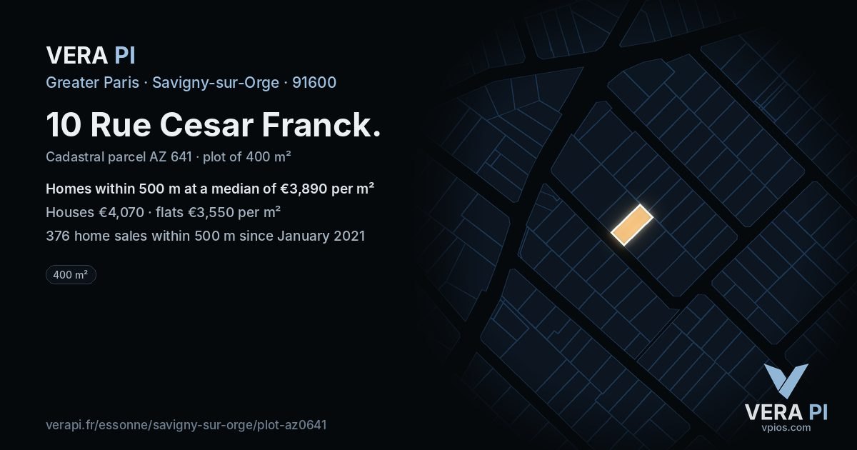 10 Rue Cesar Franck, Savigny-sur-Orge at night – the plot lit, the parcels around coloured by the prices near them