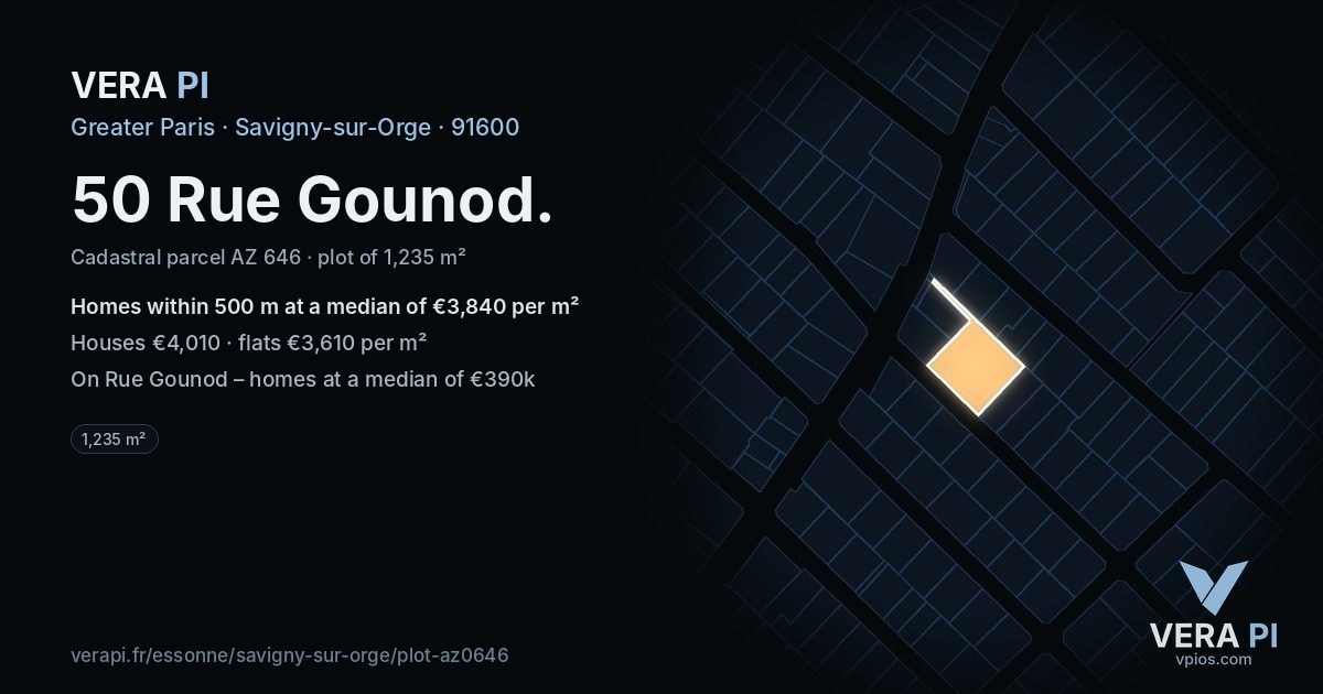 50 Rue Gounod, Savigny-sur-Orge at night – the plot lit, the parcels around coloured by the prices near them