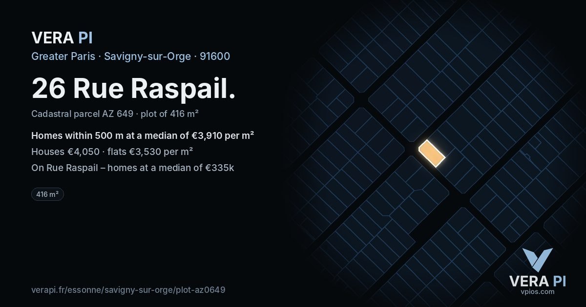 26 Rue Raspail, Savigny-sur-Orge at night – the plot lit, the parcels around coloured by the prices near them
