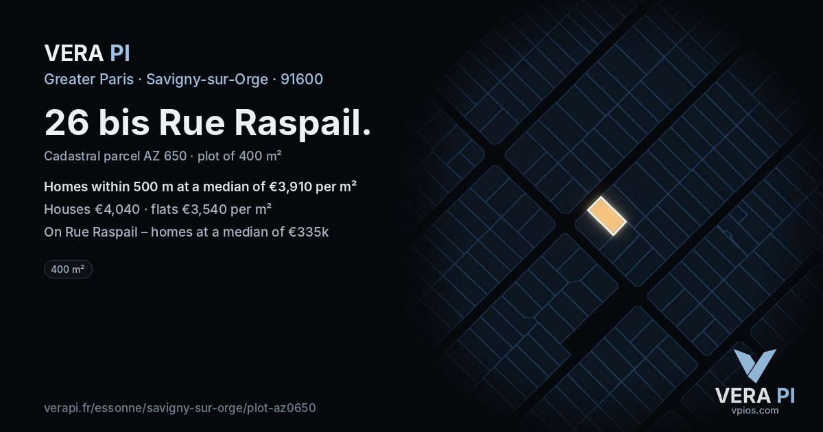 26 bis Rue Raspail, Savigny-sur-Orge at night – the plot lit, the parcels around coloured by the prices near them