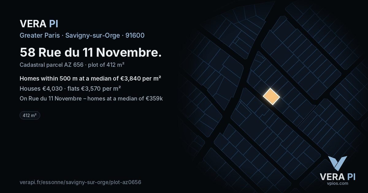 58 Rue du 11 Novembre, Savigny-sur-Orge at night – the plot lit, the parcels around coloured by the prices near them