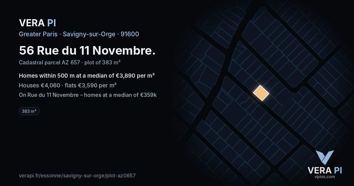 56 Rue du 11 Novembre, Savigny-sur-Orge at night – the plot lit, the parcels around coloured by the prices near them