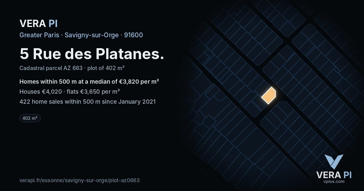 5 Rue des Platanes, Savigny-sur-Orge at night – the plot lit, the parcels around coloured by the prices near them