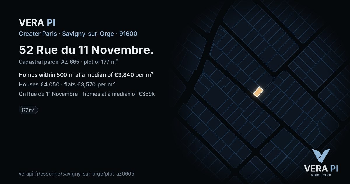 52 Rue du 11 Novembre, Savigny-sur-Orge at night – the plot lit, the parcels around coloured by the prices near them