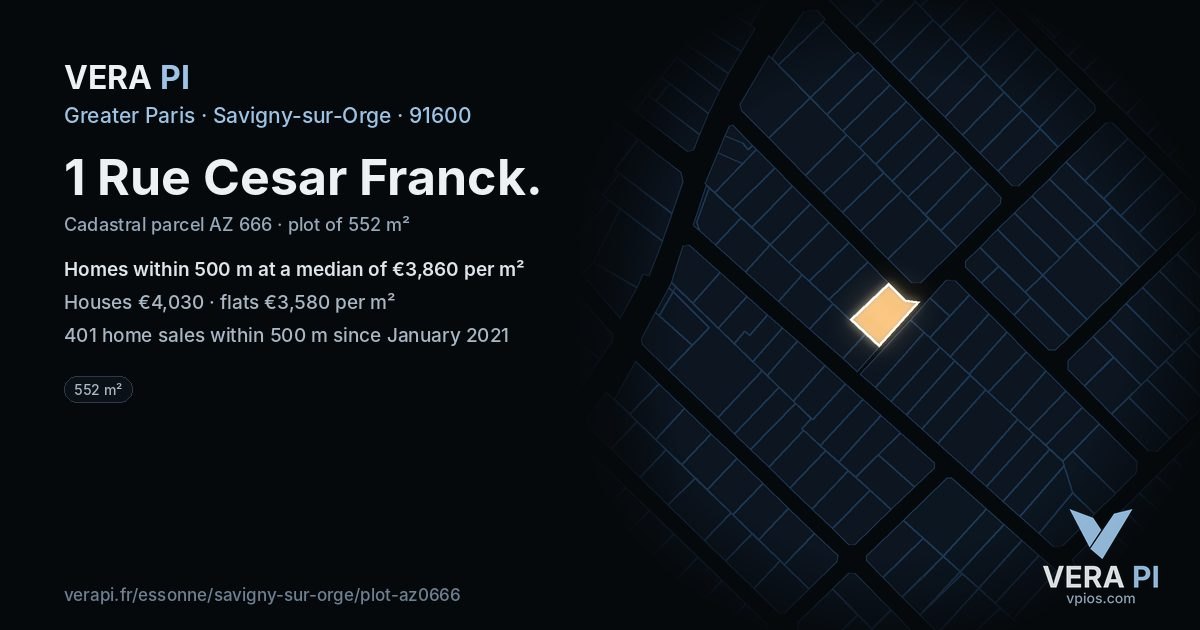 1 Rue Cesar Franck, Savigny-sur-Orge at night – the plot lit, the parcels around coloured by the prices near them