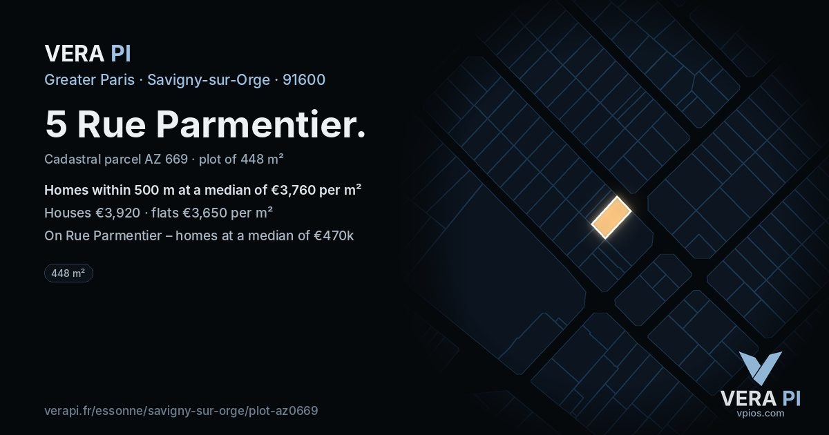 5 Rue Parmentier, Savigny-sur-Orge at night – the plot lit, the parcels around coloured by the prices near them