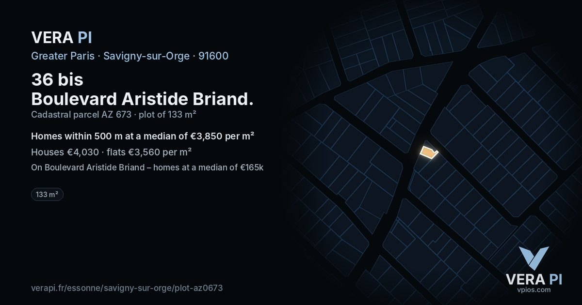 36 bis Boulevard Aristide Briand, Savigny-sur-Orge at night – the plot lit, the parcels around coloured by the prices near them