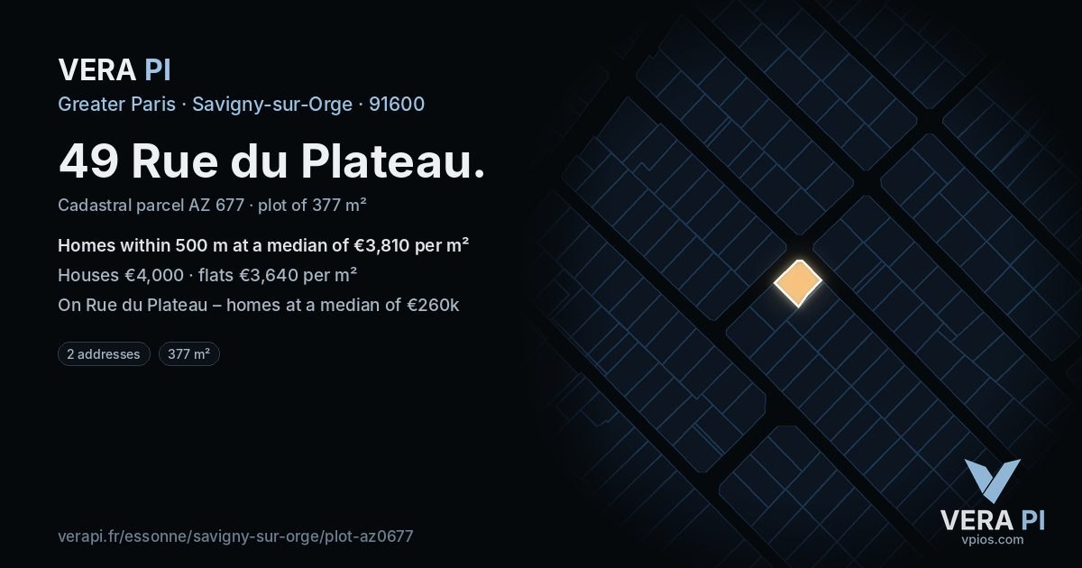 49 Rue du Plateau, Savigny-sur-Orge at night – the plot lit, the parcels around coloured by the prices near them