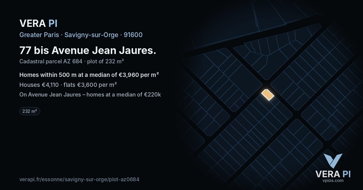 77 bis Avenue Jean Jaures, Savigny-sur-Orge at night – the plot lit, the parcels around coloured by the prices near them