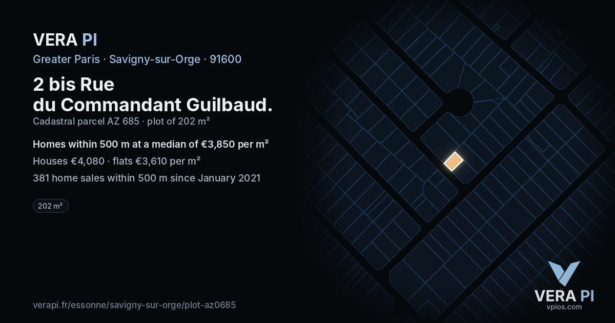 2 bis Rue du Commandant Guilbaud, Savigny-sur-Orge at night – the plot lit, the parcels around coloured by the prices near them