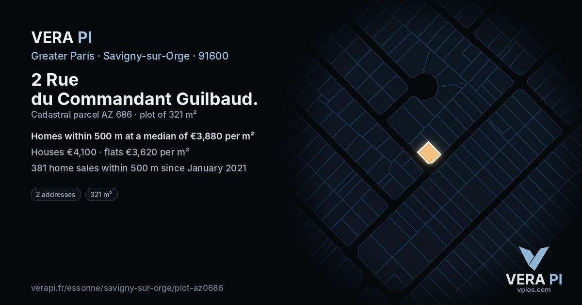 2 Rue du Commandant Guilbaud, Savigny-sur-Orge at night – the plot lit, the parcels around coloured by the prices near them