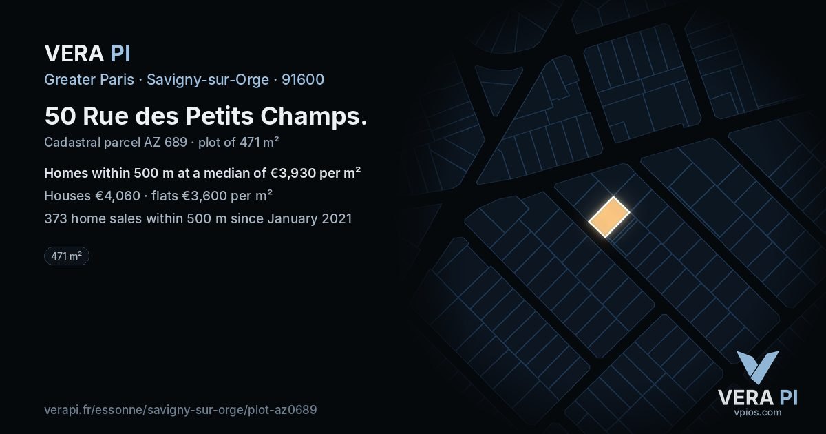 50 Rue des Petits Champs, Savigny-sur-Orge at night – the plot lit, the parcels around coloured by the prices near them
