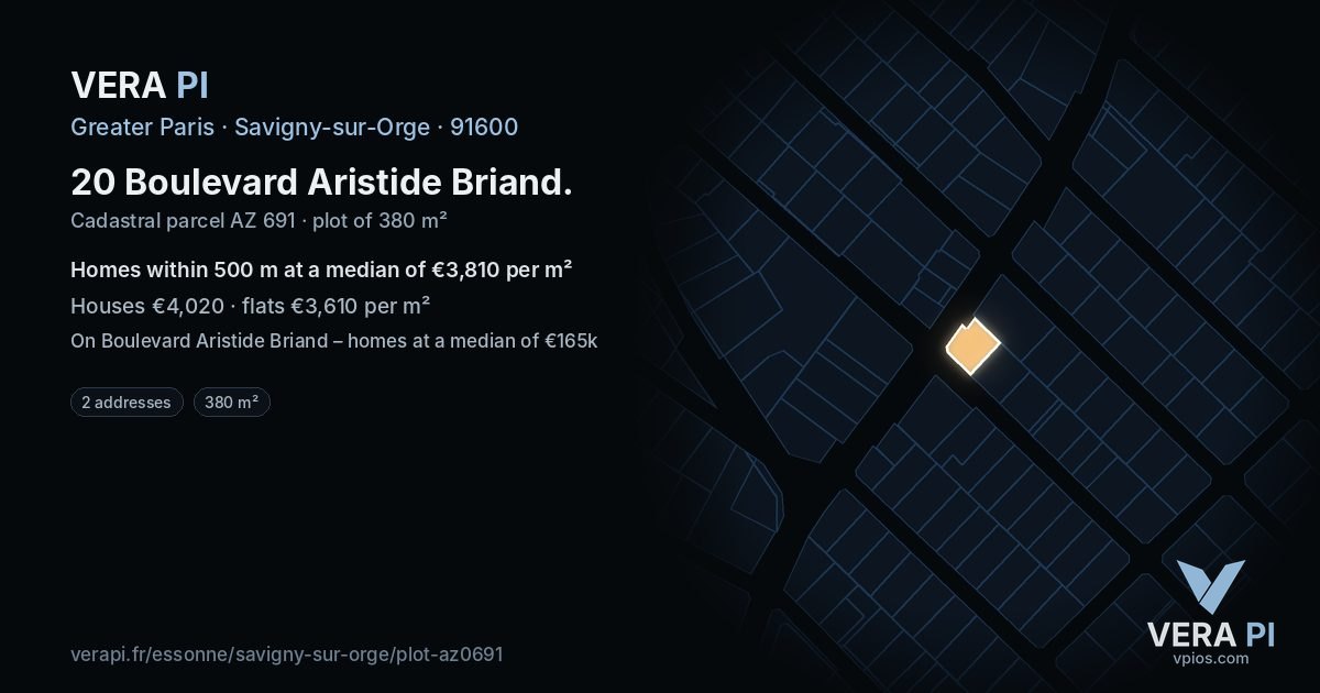 20 Boulevard Aristide Briand, Savigny-sur-Orge at night – the plot lit, the parcels around coloured by the prices near them