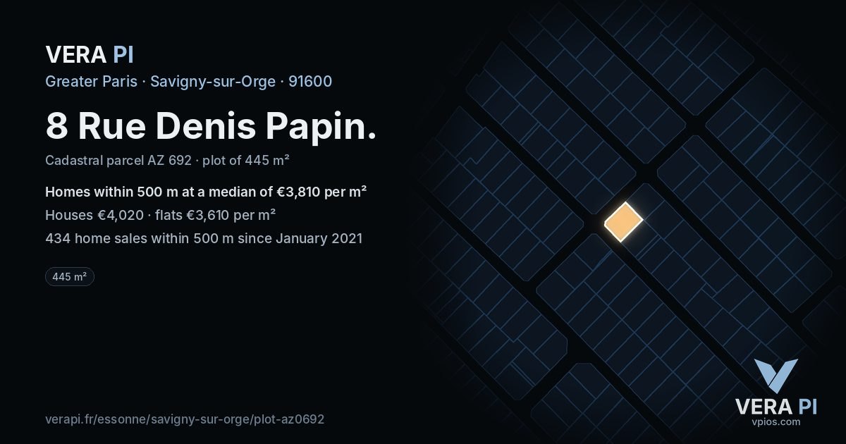 8 Rue Denis Papin, Savigny-sur-Orge at night – the plot lit, the parcels around coloured by the prices near them