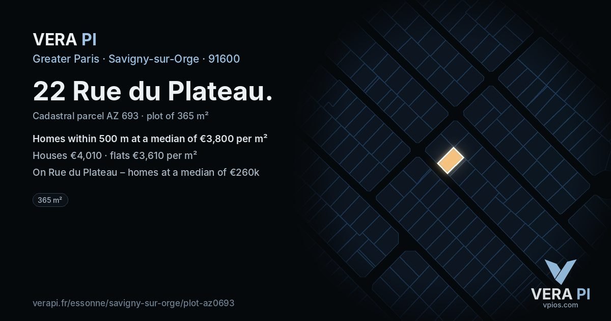 22 Rue du Plateau, Savigny-sur-Orge at night – the plot lit, the parcels around coloured by the prices near them