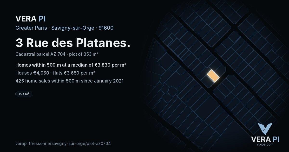 3 Rue des Platanes, Savigny-sur-Orge at night – the plot lit, the parcels around coloured by the prices near them