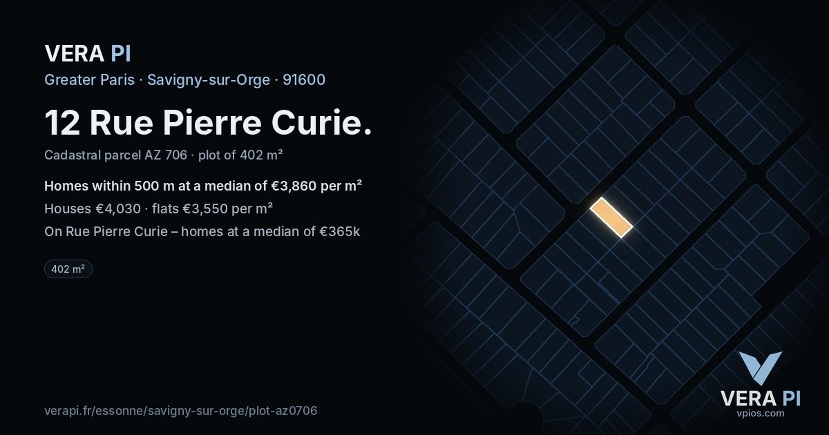 12 Rue Pierre Curie, Savigny-sur-Orge at night – the plot lit, the parcels around coloured by the prices near them