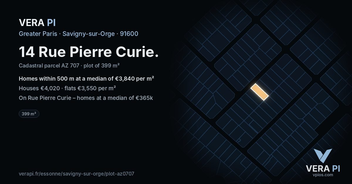 14 Rue Pierre Curie, Savigny-sur-Orge at night – the plot lit, the parcels around coloured by the prices near them