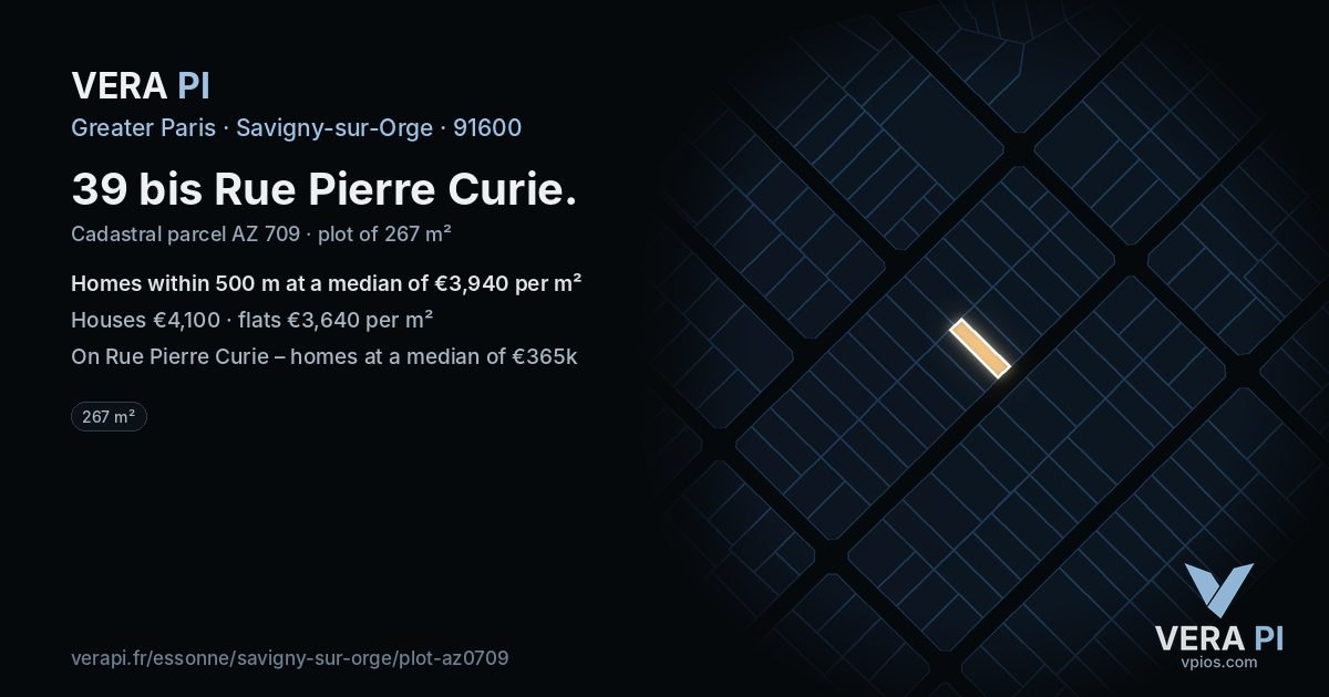 39 bis Rue Pierre Curie, Savigny-sur-Orge at night – the plot lit, the parcels around coloured by the prices near them