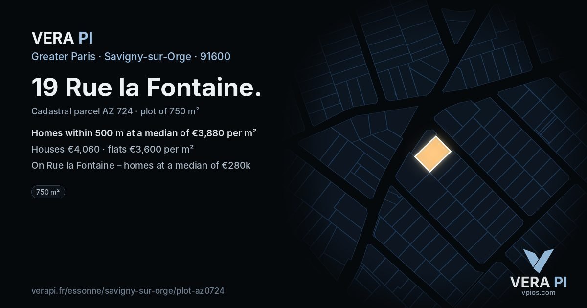 19 Rue la Fontaine, Savigny-sur-Orge at night – the plot lit, the parcels around coloured by the prices near them