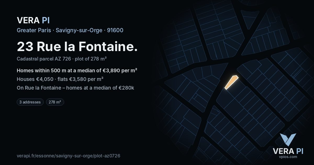 23 Rue la Fontaine, Savigny-sur-Orge at night – the plot lit, the parcels around coloured by the prices near them