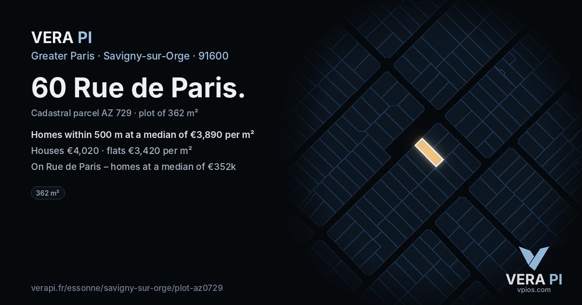 60 Rue de Paris, Savigny-sur-Orge at night – the plot lit, the parcels around coloured by the prices near them