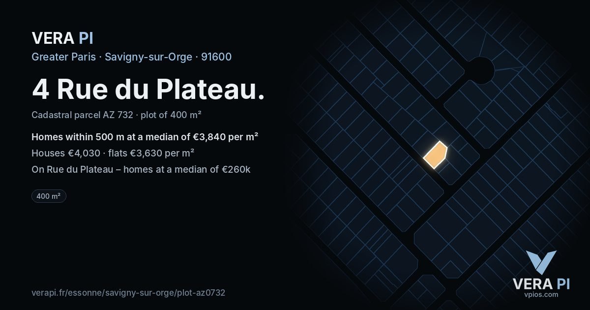 4 Rue du Plateau, Savigny-sur-Orge at night – the plot lit, the parcels around coloured by the prices near them