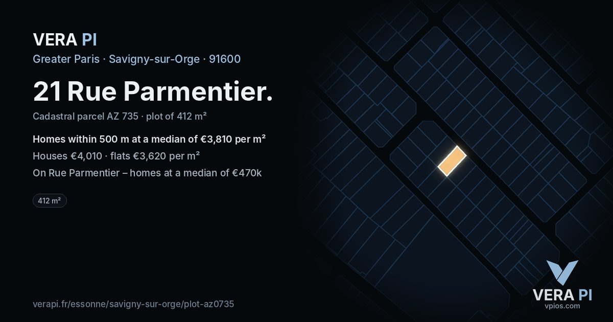 21 Rue Parmentier, Savigny-sur-Orge at night – the plot lit, the parcels around coloured by the prices near them