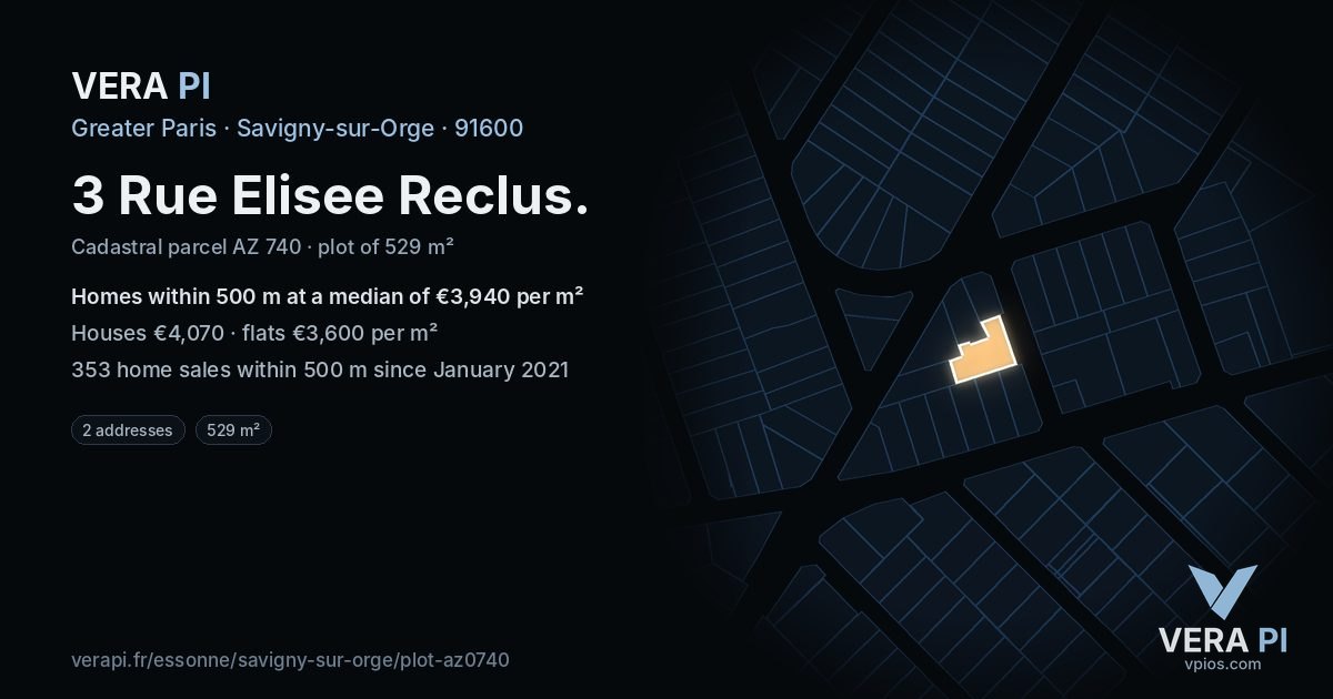3 Rue Elisee Reclus, Savigny-sur-Orge at night – the plot lit, the parcels around coloured by the prices near them