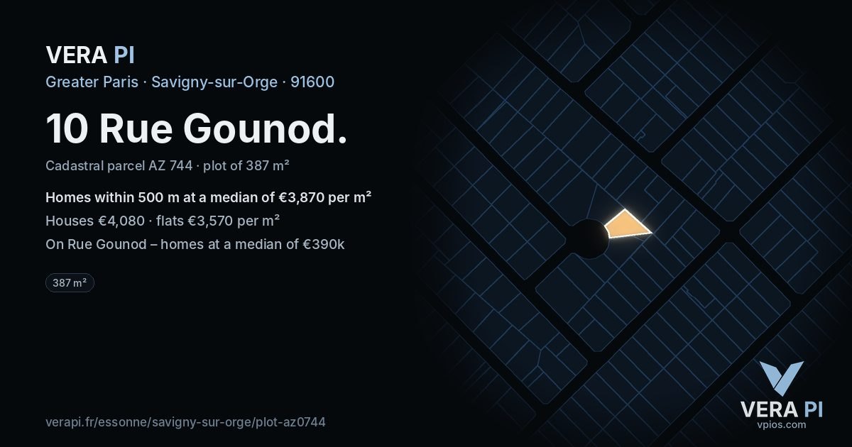 10 Rue Gounod, Savigny-sur-Orge at night – the plot lit, the parcels around coloured by the prices near them