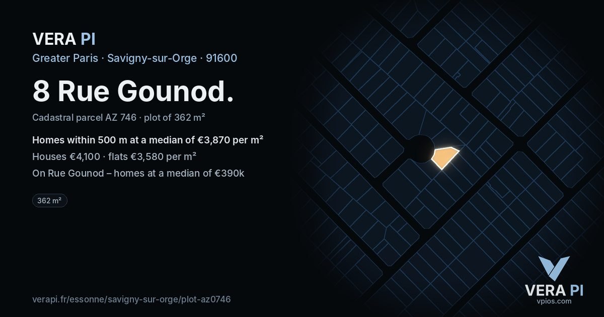 8 Rue Gounod, Savigny-sur-Orge at night – the plot lit, the parcels around coloured by the prices near them
