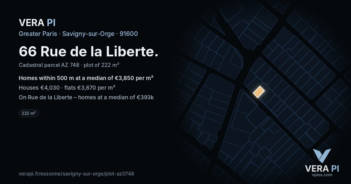 66 Rue de la Liberte, Savigny-sur-Orge at night – the plot lit, the parcels around coloured by the prices near them