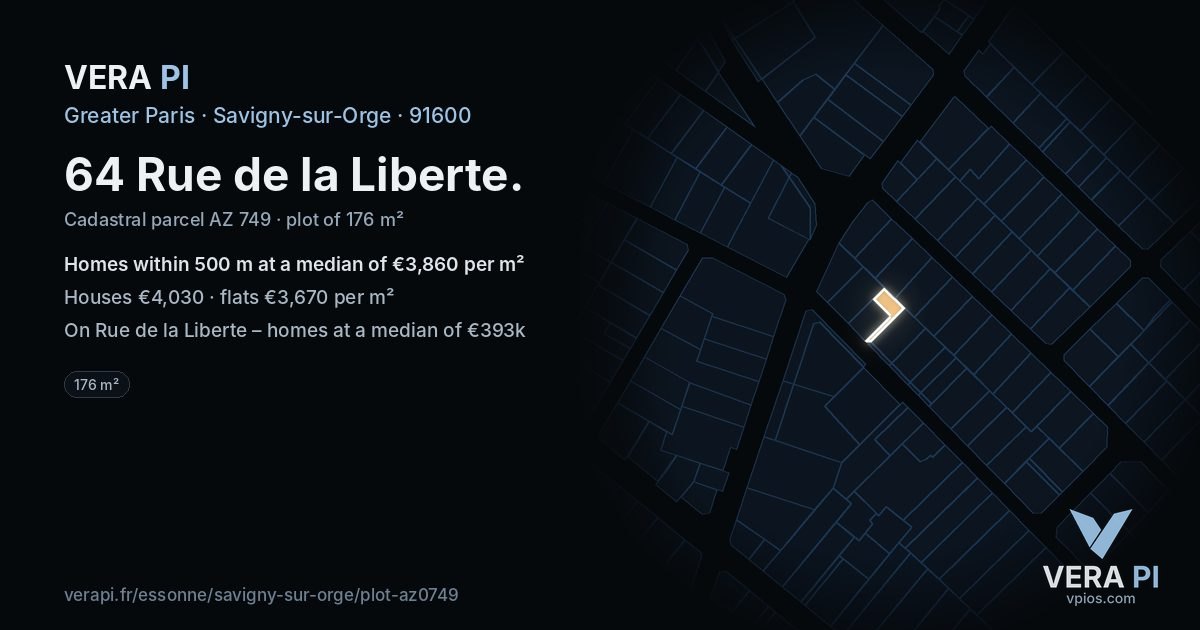 64 Rue de la Liberte, Savigny-sur-Orge at night – the plot lit, the parcels around coloured by the prices near them
