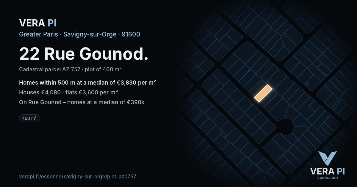 22 Rue Gounod, Savigny-sur-Orge at night – the plot lit, the parcels around coloured by the prices near them