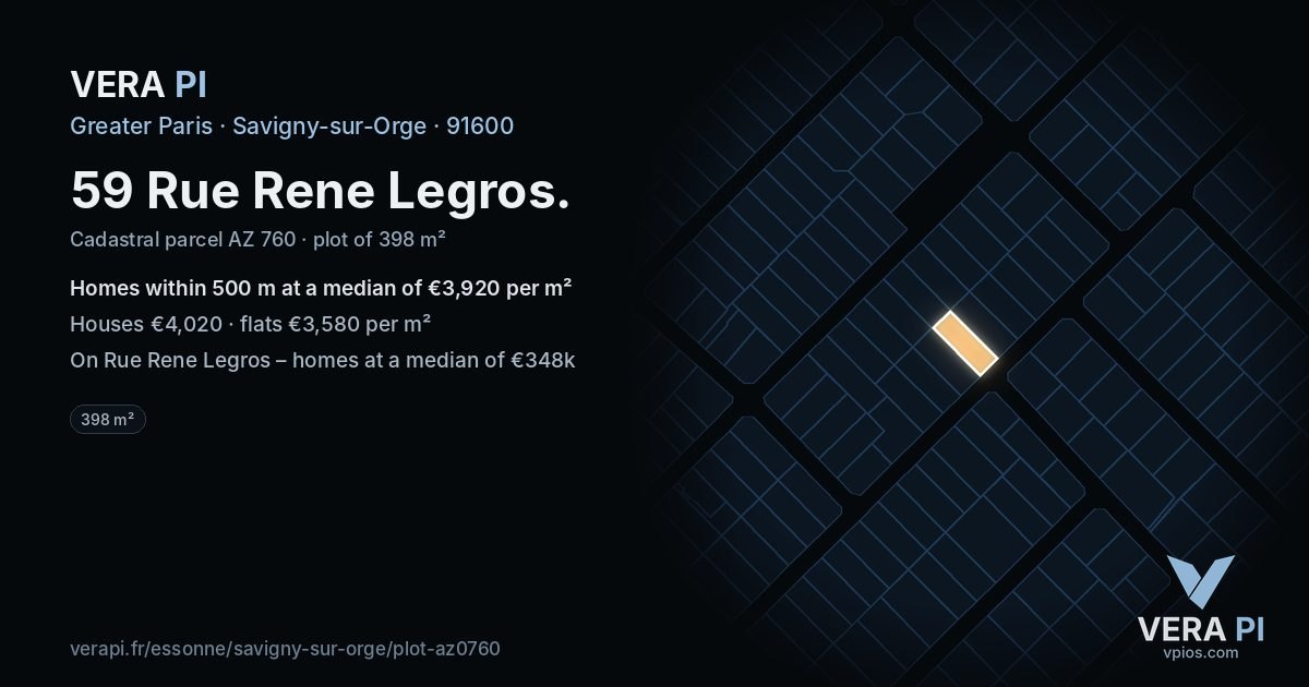 59 Rue Rene Legros, Savigny-sur-Orge at night – the plot lit, the parcels around coloured by the prices near them