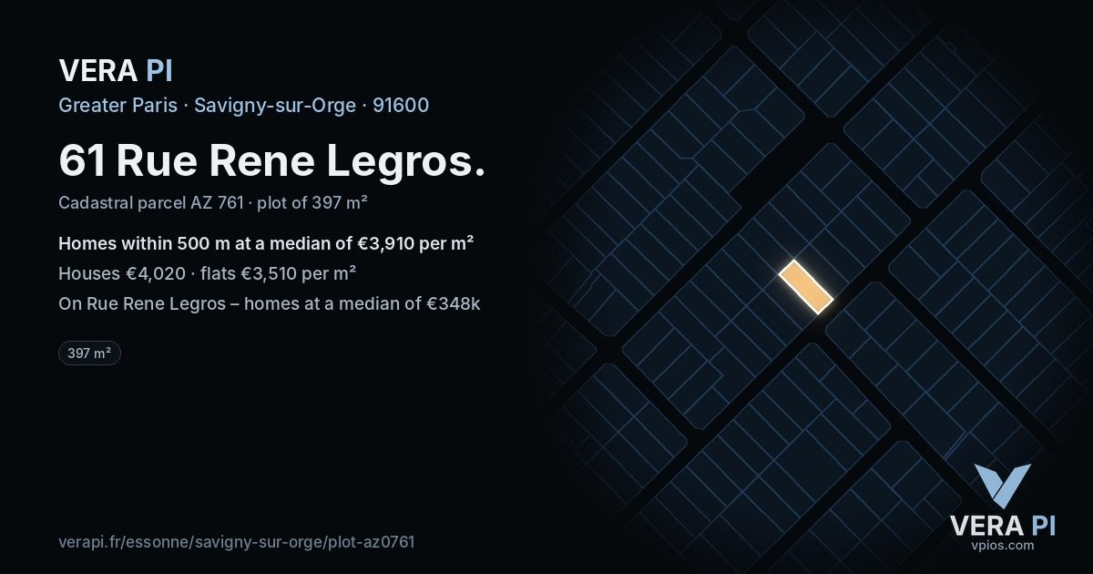 61 Rue Rene Legros, Savigny-sur-Orge at night – the plot lit, the parcels around coloured by the prices near them