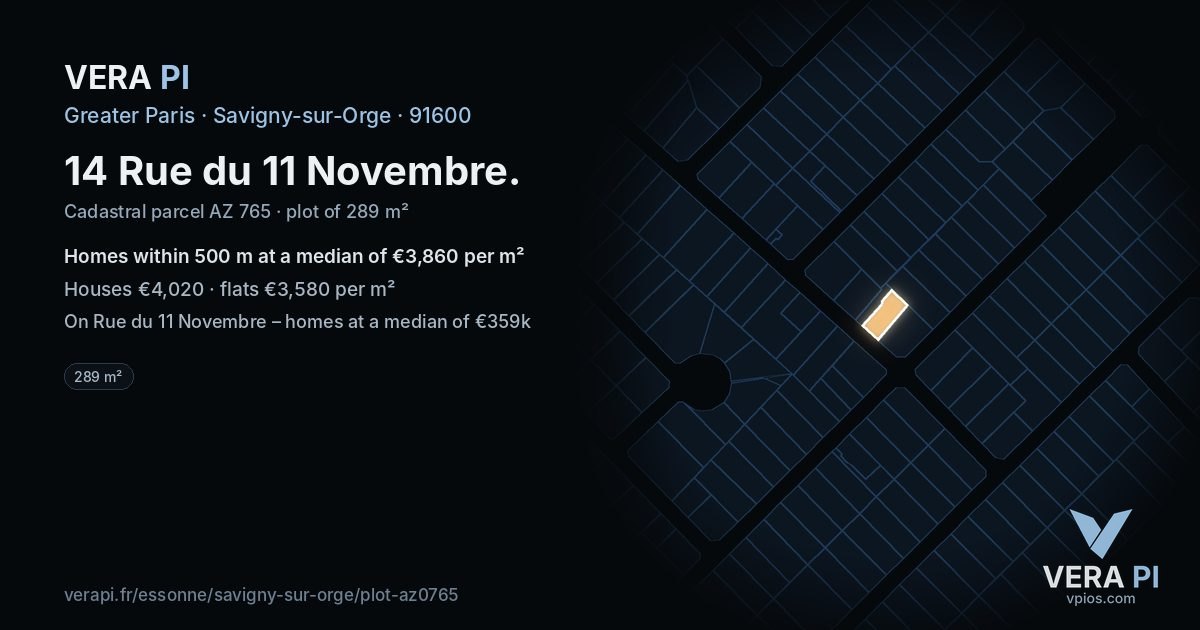 14 Rue du 11 Novembre, Savigny-sur-Orge at night – the plot lit, the parcels around coloured by the prices near them