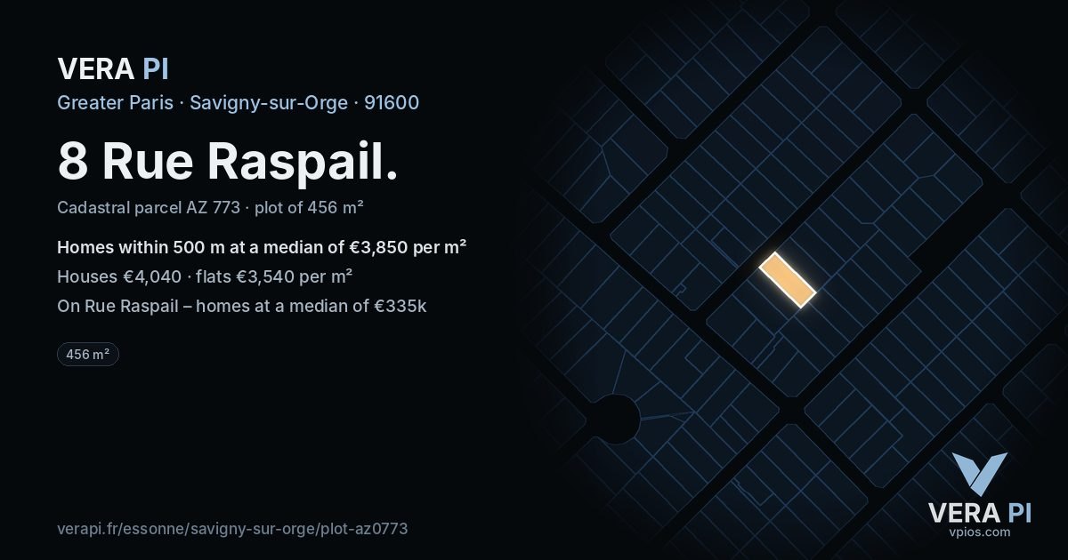 8 Rue Raspail, Savigny-sur-Orge at night – the plot lit, the parcels around coloured by the prices near them