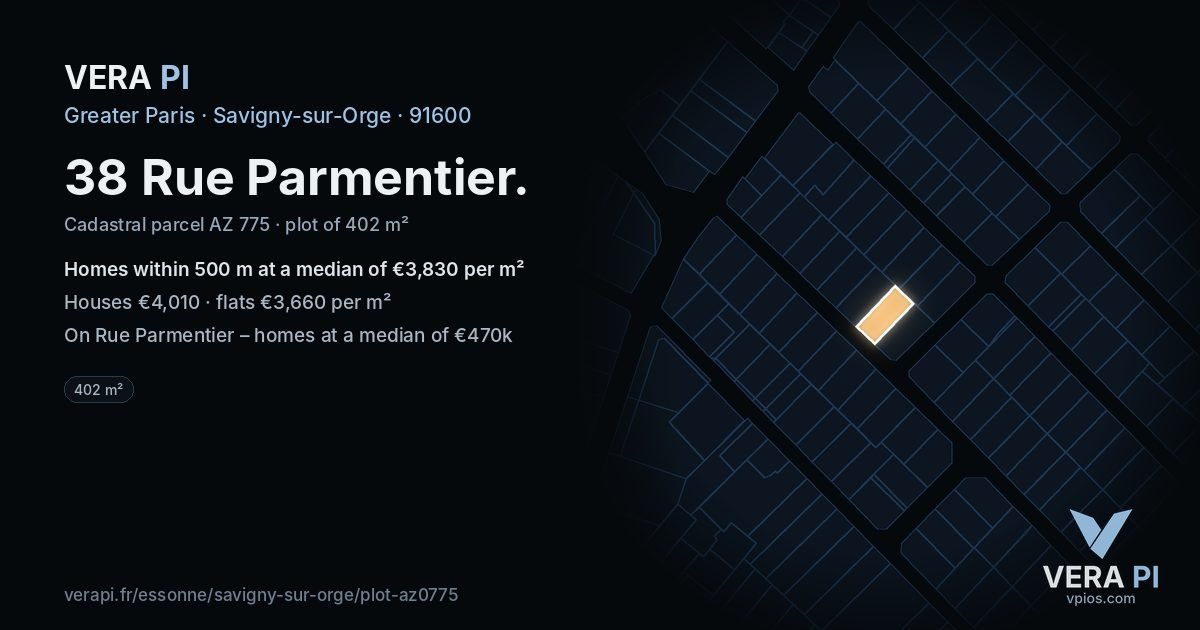 38 Rue Parmentier, Savigny-sur-Orge at night – the plot lit, the parcels around coloured by the prices near them