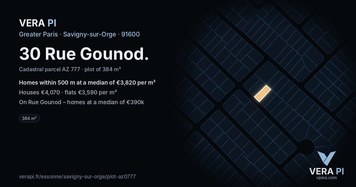 30 Rue Gounod, Savigny-sur-Orge at night – the plot lit, the parcels around coloured by the prices near them